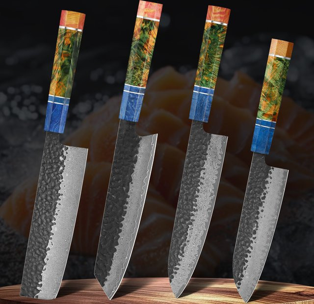 Baovim 1-4-teiliges Damastmesser-Set aus 67 Lagen, handgeschmiedete japanische Küchenmesser mit Kiritsuke, Nakiri und Kochmesser, multicolour - Bild 1