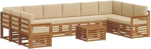 vidaXL Sofagarnitur aus Massivholz Akazie in Natur und Beige, 11-teiliges L-Shape Set mit Polsterung und Kissen - Bild 1