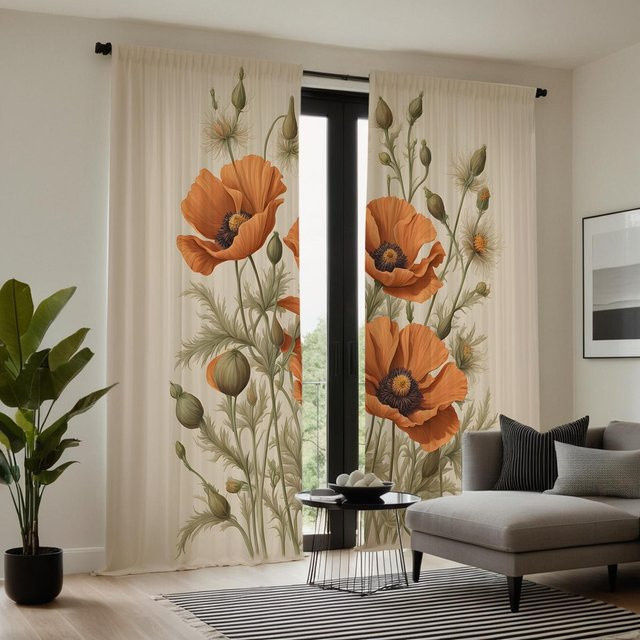Tonnika Chen Set aus 2 transparenten Voile-Gardinen mit Orange Krawatte Blumendruck, Breite: 100 cm, Höhe: 70 cm - Bild 1