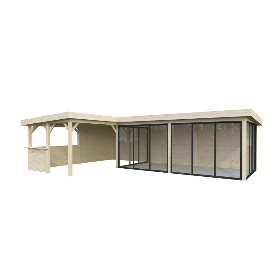 PALMAKO Pavillon Lenna Set 421 Slide aus Fichtenholz mit Alu-Schiebetüren und Eck-Tresenanlage, braun, B/H/T: 876 x 245 x 588 cm - Bild 3