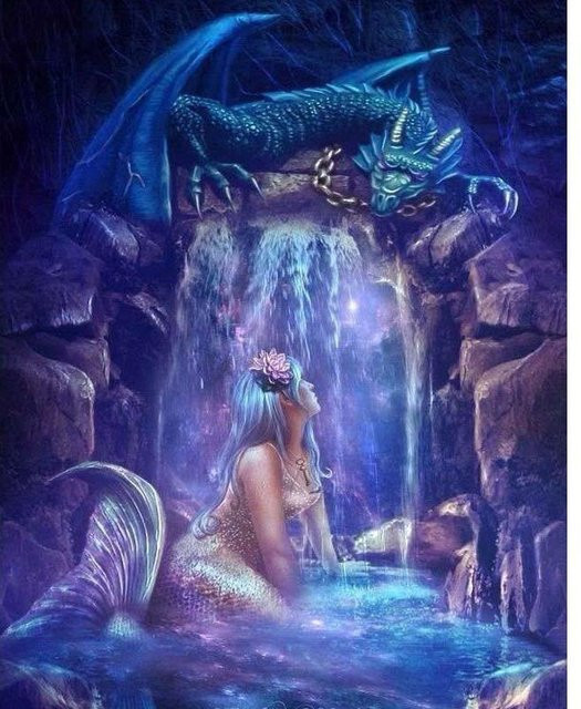 FIYO 5D DIY Diamantmalerei Meerjungfrau und Drache mit runden Steinen in Blau, B/H: 20 x 30 cm - Bild 1