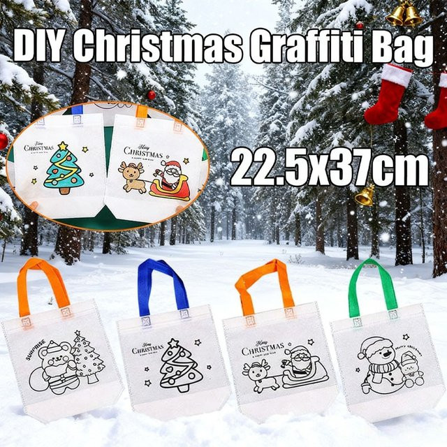 Trebalena Weihnachts-Einkaufstaschen zum Selbermachen aus Papier, Weiße Cartoon-Doodle-Geschenktüten für Kinder zum Gestalten und Bemalen - Bild 1