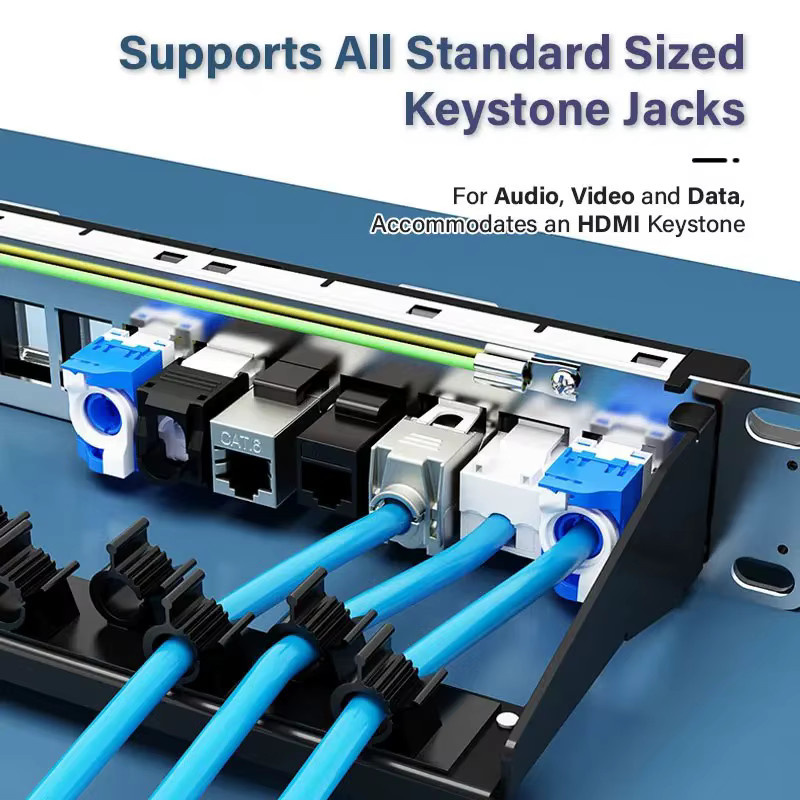 ZoeRax RJ45 Patchpanel in Schwarz mit geschirmten CAT7-Keystone-Buchsen, 1U 19-Zoll Ethernet Patchpanel mit abnehmbarer Rückleiste für CAT7/6A LAN-Kabel - Bild 3