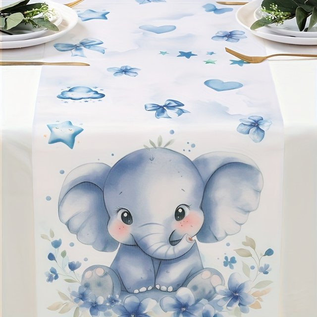 AFYPRTY Tischläufer mit blauem Baby-Elefanten-Motiv aus Polyester für Babypartys, Länge: 180 cm, Breite: 35 cm - Bild 1