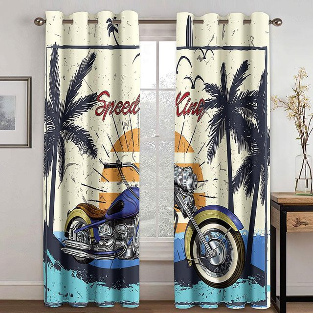 Yiran Furniture Dekorative Vorhänge mit Motorrad-Muster für Jungen und Teenager, 2 Paneele, Multicolor, B: 100 cm, H: 130 cm - Bild 1