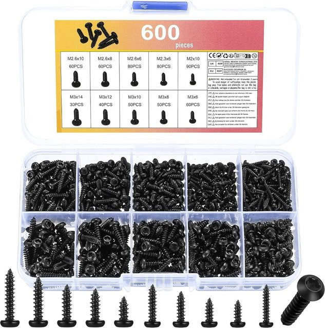 600 Stück Torx-Flachkopfschrauben-Set aus Kohlenstoffstahl in Schwarz mit M2 M2.3 M2.6 und M3 Größen - Bild 1
