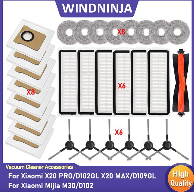Xiaomi Ersatzteil-Set für Roboterstaubsauger X20 PRO, D102GL, X20 MAX, D109GL, Mijia M30 und D102 in Multicolour mit Staubbeuteln, Filtern, Hauptbürsten, Seitenbürsten und Wischtüchern - Bild 1