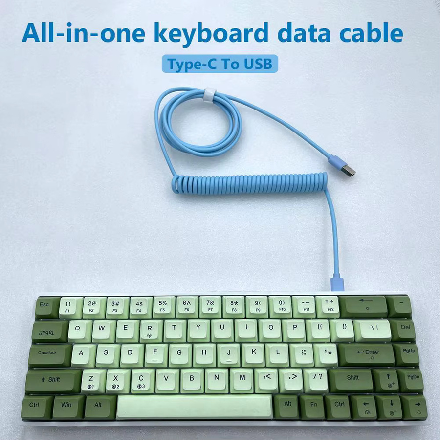 VODOOL DIY-Datenkabel für mechanische Tastaturen, gewickeltes USB-C auf USB-A Ladekabel mit Feder, Weiß oder Blau - Bild 1