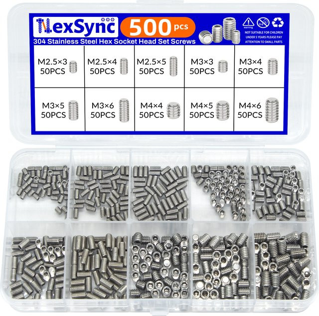 NexSync Madenschrauben Set aus 304 Edelstahl in Silber, 500 Stück Stellschrauben mit Innensechskant Flachspitze, M2,5 M3 M4 - Bild 1