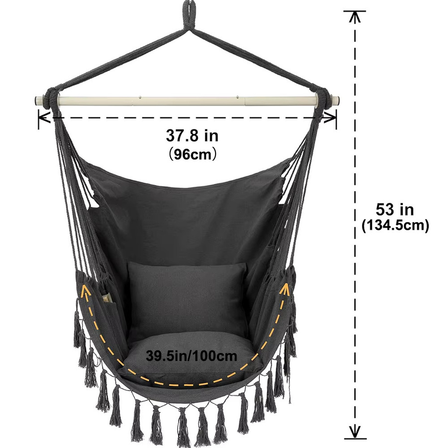 Makramee-Hängesessel im Boho-Design mit 2 Kissen, Egg-Schaukel aus Baumwollseil und Holz in Schwarz und Grau für Innen und Außen - Bild 4