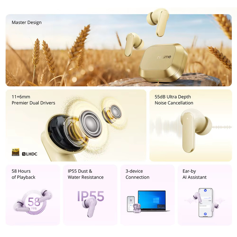 realme Buds Air 8 True Wireless Kopfhörer mit 55dB Ultra-Tiefen-Geräuschunterdrückung und Dual-Treiber in Purple - Bild 2