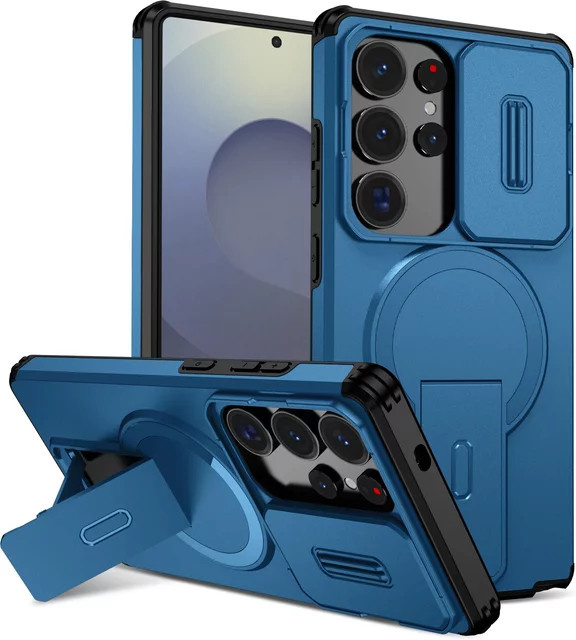 Handyhülle mit Objektivschutz und magnetischem Ständer für Samsung Galaxy S25 FE S26 S24 Ultra S23 Plus A37 A57 A17 A36 A56 A16 A55 in Schwarz und Blau - Bild 1