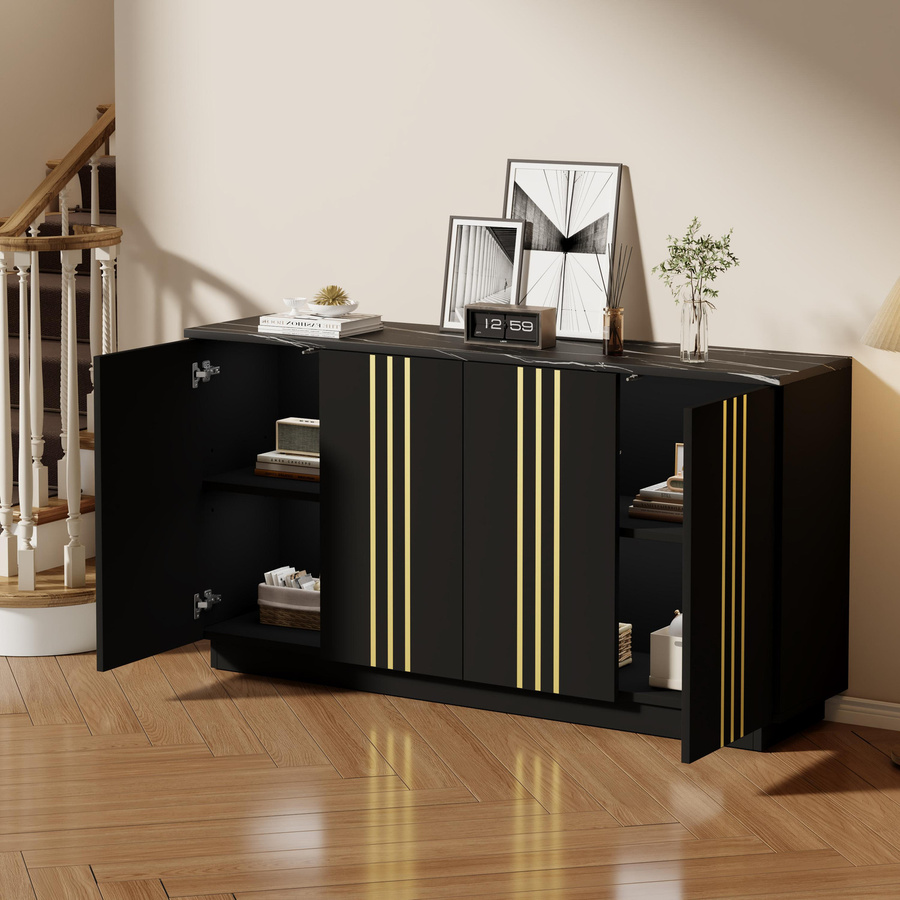 Wohnzimmer-Sideboard mit 4 Türen in Schwarz und Gold, freistehend, B/H/T: 140 x 70 x 35 cm - Bild 2