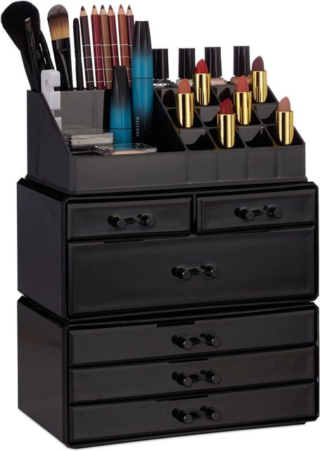 Relaxdays Kosmetikorganizer aus Acryl in Schwarz mit 6 Schubladen, stapelbar, B/T/H: 29 x 23,5 x 14 cm - Bild 1