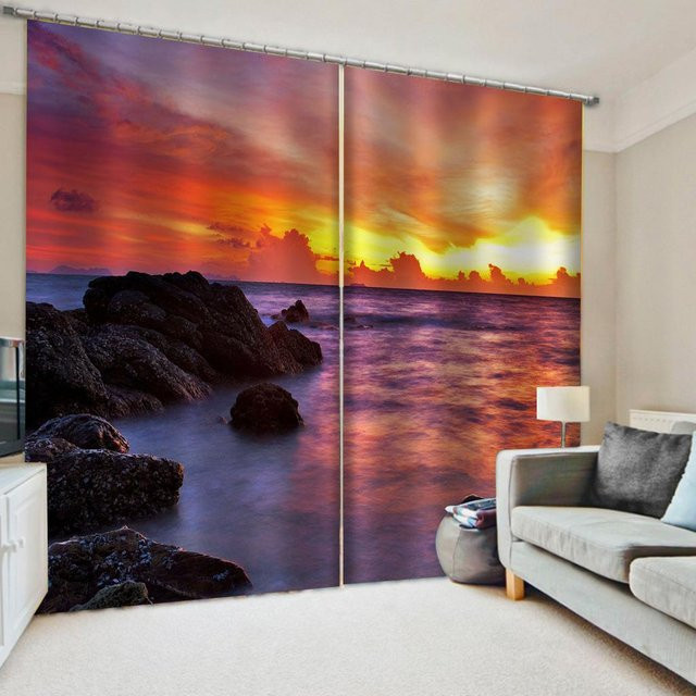 Yiran Furniture Natur Landschaft Vorhang mit Sonnenuntergang Strand und Meer Motiv, 2er-Set, Multicolor, Breite: 65 cm, Höhe: 60 cm - Bild 1