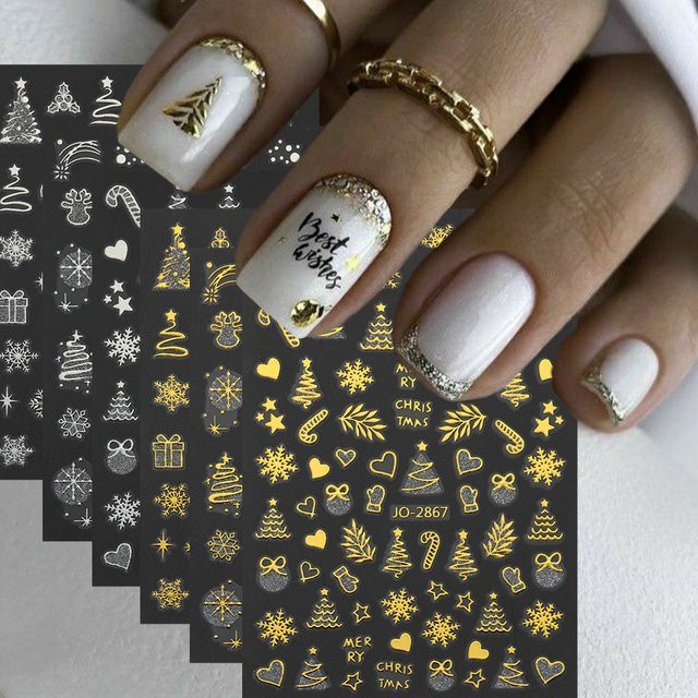 6 Stück Nagelaufkleber, Goldene Heißprägung, Metallic, Weihnachts-Designs - Bild 1