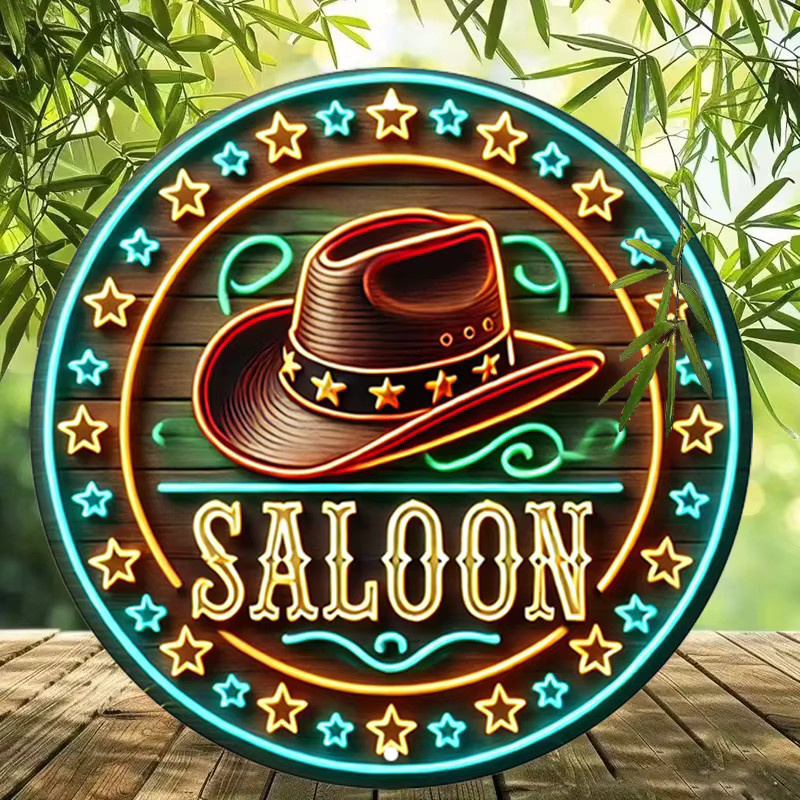 Potdemiel Retro Western Saloon Cowboyhut Rundes Metallschild mit Neonlichteffekt, Durchmesser: 20 cm, Mehrfarbig - Bild 4