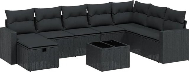vidaXL 9-tlg Garten-Sofagarnitur in L-Form aus schwarzem Poly-Rattan mit Kissen und pulverbeschichtetem Stahlgestell - Bild 1