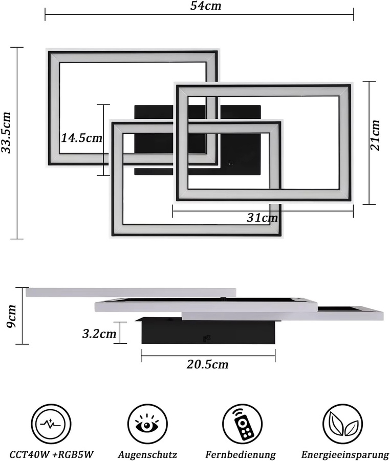 Cliheet RGB-LED-Deckenleuchte in Schwarz, 45W, rechteckig, dreifach drehbar und dimmbar mit Fernbedienung, 3000K-6500K - Bild 3