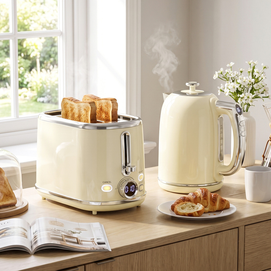 HOMCOM Frühstücksset bestehend aus Wasserkocher und Toaster in Beige mit LED-Display, 1,7 l Wasserkocher mit 7 Temperaturstufen und Warmhaltefunktion sowie 2-Scheiben-Toaster mit 6 Bräunungsstufen und Krümelschublade - Bild 2