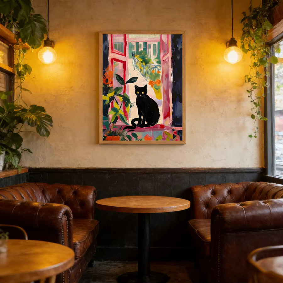 Modernes Poster Katze im offenen Fenster im Stil von Henri Matisse, buntes Fauvismus Gemälde mit schwarzer Katze und floralen Elementen, Mehrfarbig - Bild 2
