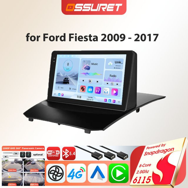 OSSURET Android Autoradio für Ford Fiesta 2009–2017 mit GPS, WLAN, 4G und Carplay in Schwarz - Bild 1