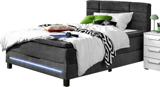 Boxbett SANJO HARPER mit USB-Ladeport und Unterbettbeleuchtung, Hybrid-Federkern und Schaumstoff, Anthrazit, B/T/H: 140 x 200 x 107 cm - Bild 1