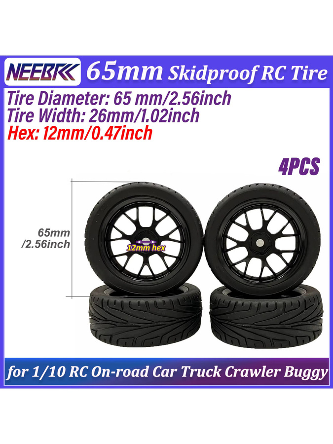 NeebRC RC-Gummireifen, 4-teiliges Set, 1:10, 65mm, 12mm Sechskant-Nabe - Bild 5