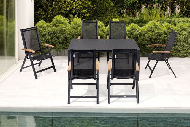 OUTFLEXX Garten-Essgruppe aus Alu, Spraystone und Textil mit 6 Klappstühlen und Teak-Armlehnen, Anthrazit Matt, B/T: 160 x 95 cm - Bild 1