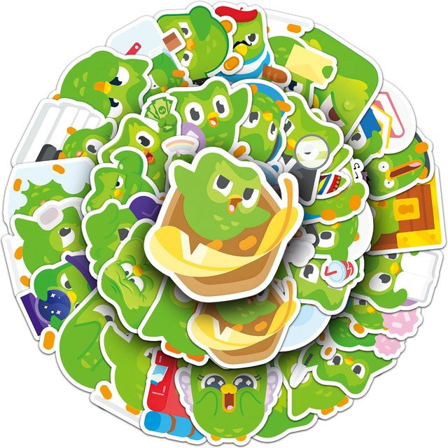 50 Stück Duolingo Aufkleber mit grüner Eule für DIY-Projekte, wasserfeste Graffiti-Sticker für Wasserbecher, Federmäppchen und Gepäck, mehrfarbig - Bild 1