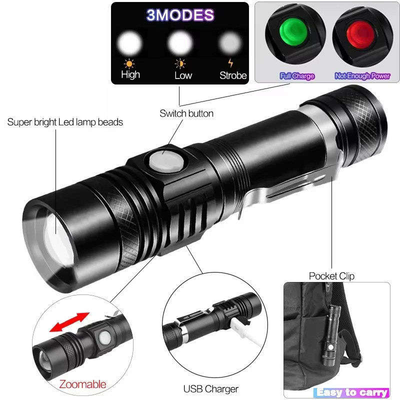 ESMARTER Taktische LED-Taschenlampe aus Aluminiumlegierung, Wasserdicht und USB-aufladbar, Schwarz - Bild 2