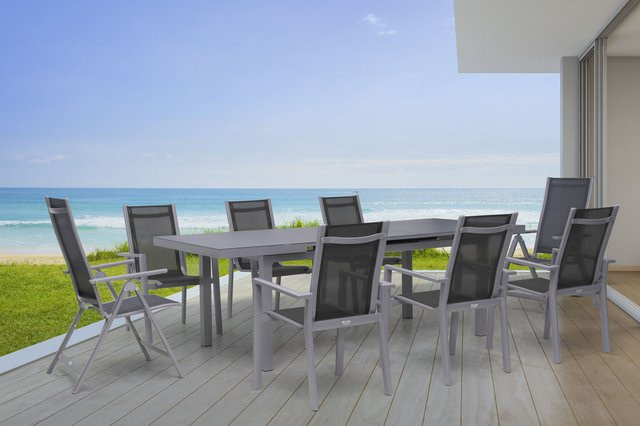 OUTFLEXX Premium Garten-Essgruppe aus Aluminium und Textilene in Silber/Grau mit Ausziehtisch und 8 Stühlen - Bild 1