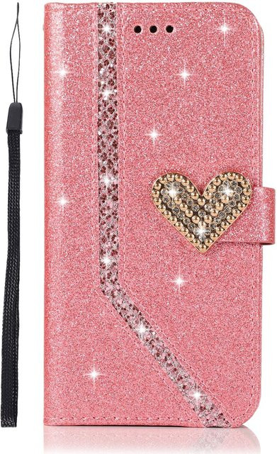 HQBBRO Glitzer Leder Handyhülle mit Portemonnaie und Ständer für iPhone 11 bis 15 Pro Max, Farbe: Pink - Bild 1