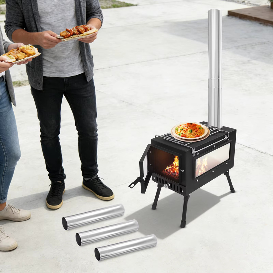 Bymaocar Tragbarer Camping-Zeltofen aus Edelstahl mit Kaminrohren für Outdoor-Heizung und Kochen, Schwarz/Silber, B/T/H: 53,0 x 40,0 x 34,5 cm - Bild 2