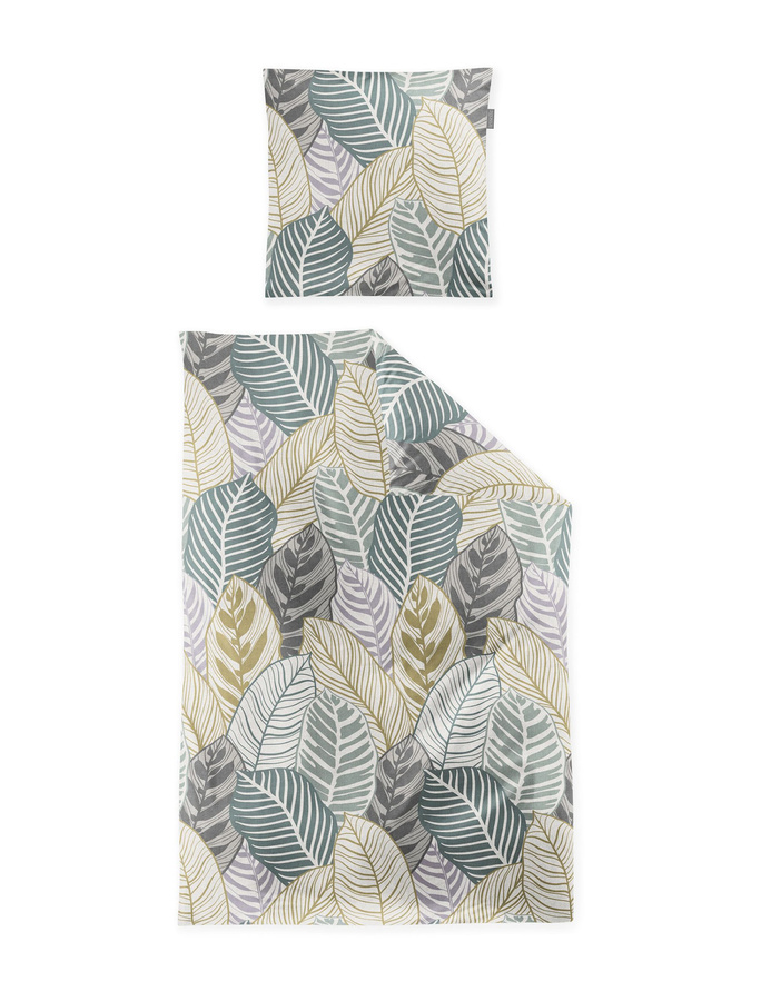 Irisette Feinbiber Bettwäsche mit floralem Blättermuster in Grün, Natur, Grau und Gold, bestehend aus Bettbezug und Kissenbezug, Material: Baumwolle, B/T/H: 155 x 220 cm und 80 x 80 cm - Bild 1