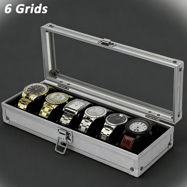CAOWTAN Uhrenaufbewahrungsbox aus Aluminium mit 6 Fächern und Glasfenster für Herren - Bild 1