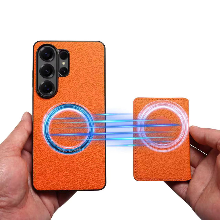 Denior Magnetische Leder Handyhülle mit Litschi-Muster und Kartentasche für Samsung Galaxy S26, S25 und S24, kompatibel mit kabellosem Laden, Schwarz und Orange - Bild 2