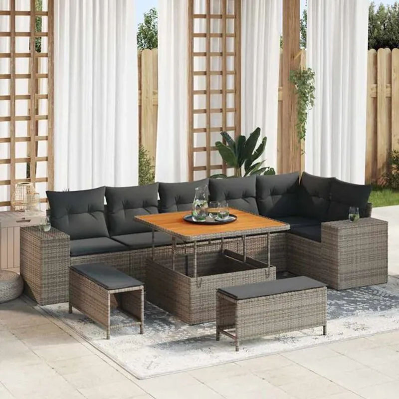 Vidaxl Gartensofa-Set aus Poly-Rattan in Grau mit 9-teiligen Polstern und Fußhockern, modulares Loungemöbel-Set - Bild 1