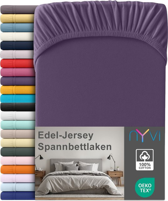 NYVI Edel Jersey Spannbettlaken Deluxe aus 100% supergekämmter Baumwolle, Farbe: Violett, B/T: 140 x 160 cm, Höhe: 25 cm - Bild 1