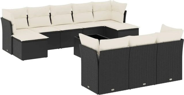 vidaXL 11-teilige Garten-Sofagarnitur aus Poly-Rattan mit Kissen in Schwarz - Bild 1