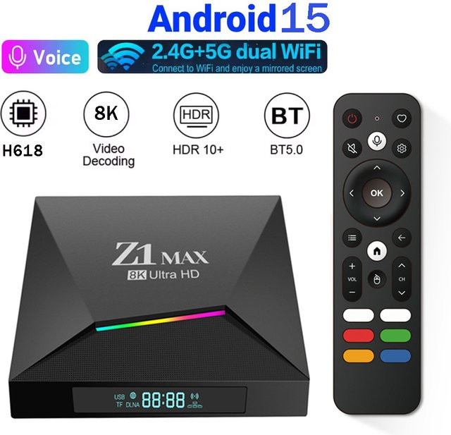 CLIBABIQBOX Z1 Max Smart TV Box mit Android 15, Allwinner H618 Quad Core, 4G, 5G Dual WiFi, BT5.0, Media Player für HD 8K 4K IPTV, Schwarz - Bild 1