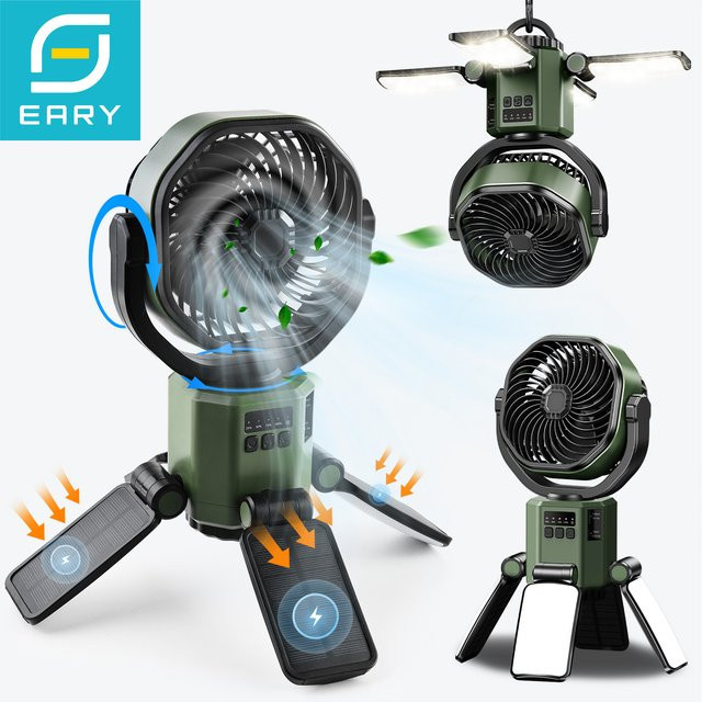 Eary Solarbetriebener Ventilator mit LED-Licht und 6000 mAh Akku in Grün für Camping und Outdoor - Bild 1