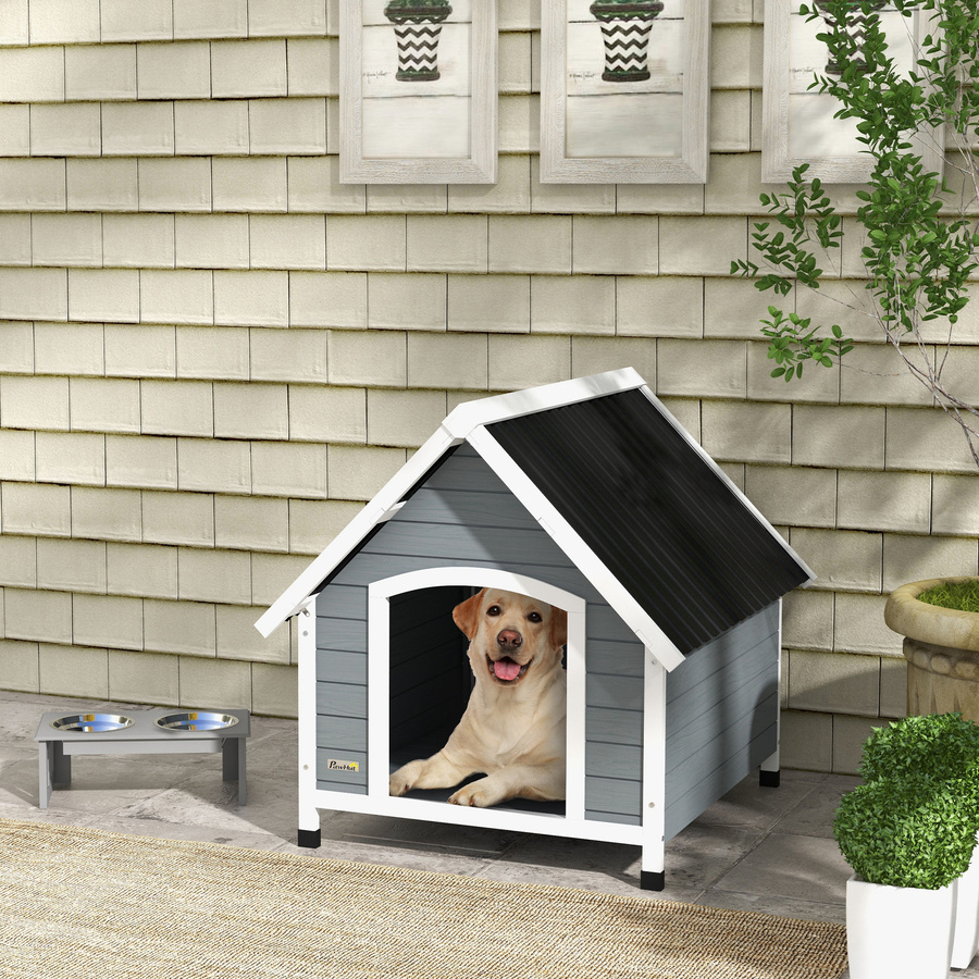PawHut Hundehütte aus Holz für draußen in Grau mit herausnehmbarem Boden und höhenverstellbaren Kunststoffbeinen, B/T/H: 84 x 99 x 87 cm, Aosom - Bild 2