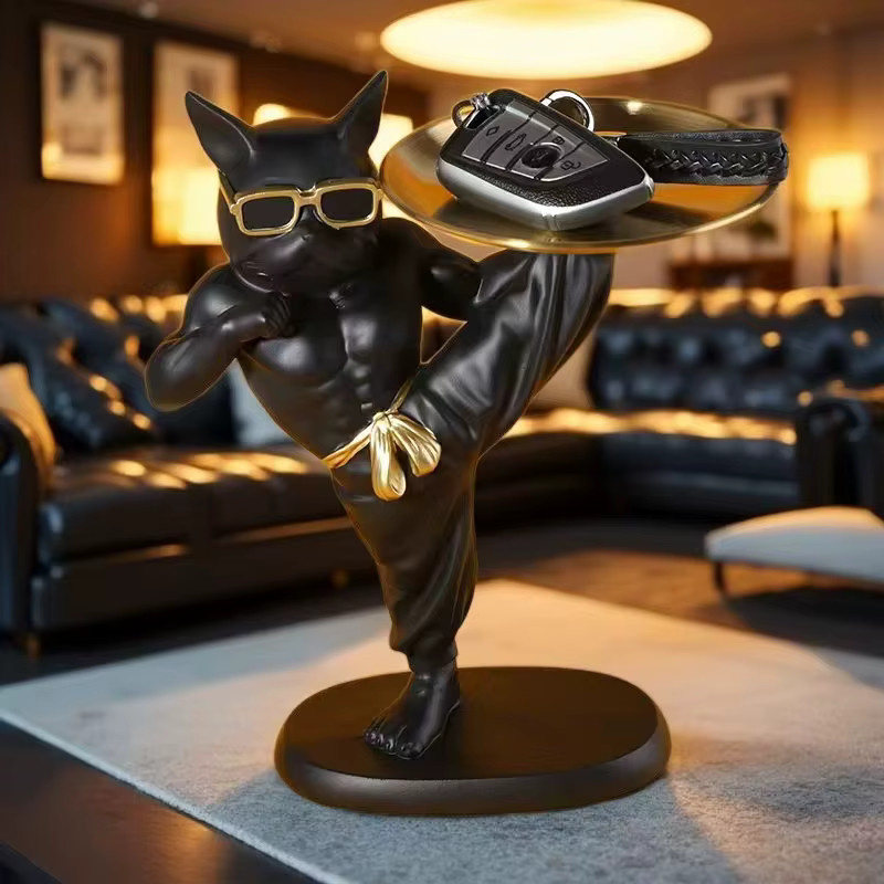 GUOFEI Tierornament Französische Bulldogge im Kung-Fu-Stil aus Kunstharz, schwarzes Tablett für Schreibtisch und Küche, Durchmesser: 27 cm - Bild 2