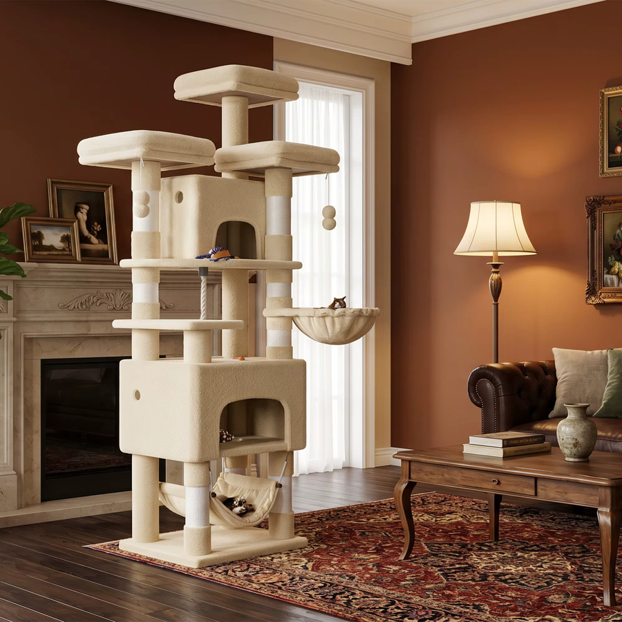 Hzuaneri Katzenbaum für Wohnungskatzen in Grau und Beige, 156 cm hoher Kratzbaum mit 3 Plattformen, 2 Höhlen, 7 Sisalpfosten, Hängematte und integriertem Spielzeug - Bild 2