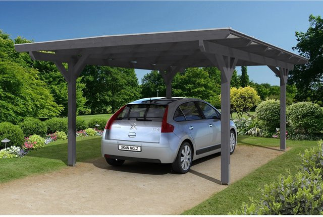 Skan Holz Carport Odenwald aus Fichte Leimholz in Schiefergrau mit Doppelstegplatten und geraden Kopfbändern, Breite: 428 cm, Tiefe: 648 cm, Höhe: 238 cm - Bild 1