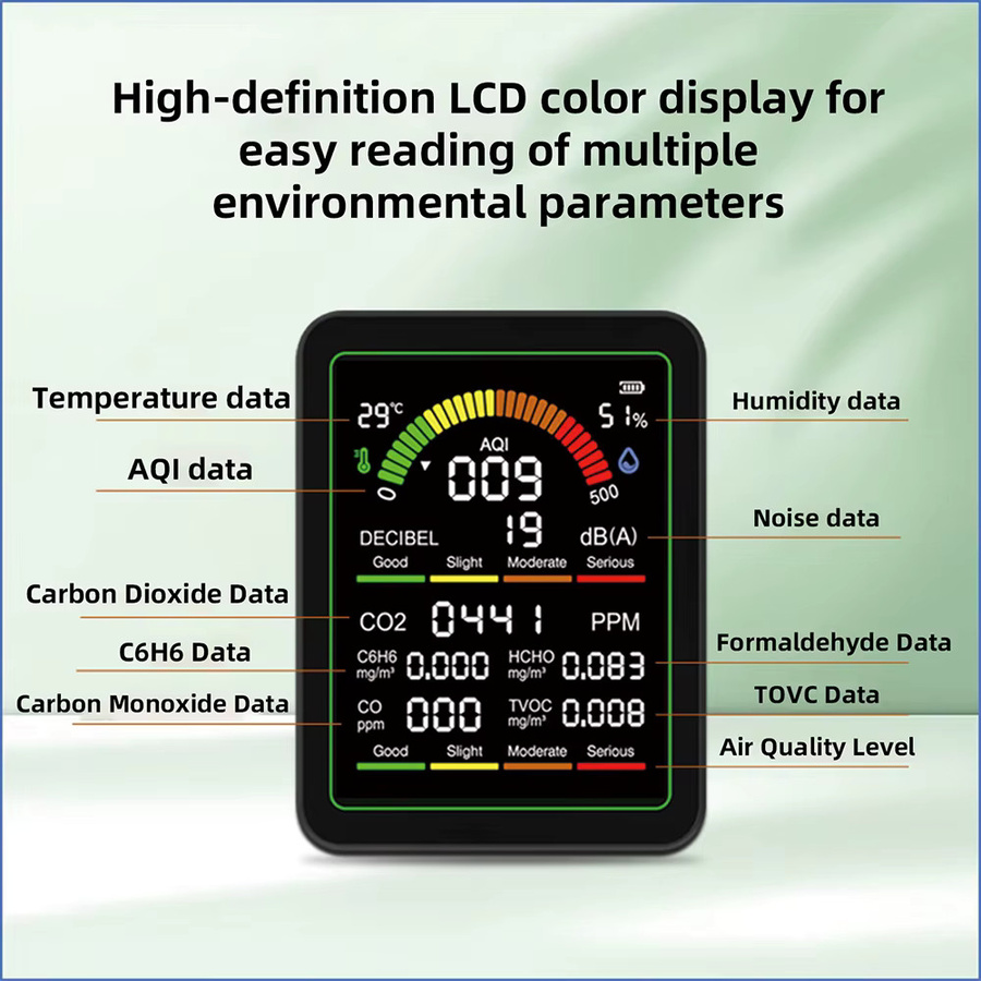 Gaqqee MT12 9-in-1 Luftqualitätsmonitor mit CO2-Detektor, Schallpegelmesser, Formaldehyd-Detektor sowie TVOC- und Temperatur-Feuchtigkeitsmonitor in Schwarz und Weiß - Bild 2