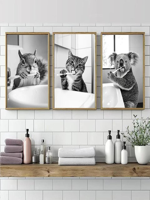 Potdemiel Vintage Leinwand Wandkunst Lustiges Badezimmer Tier Zähneputzen Poster in Schwarz-Weiß - Bild 1