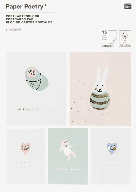 Rico Design Paper Poetry Postkartenblock Hello Baby mit 15 Karten in Rosa, Hellblau, Puder und Grau - Bild 1