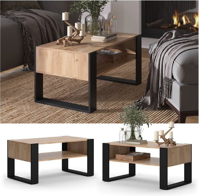 Vicco Couchtisch Olli in Eiche und Schwarz mit Ablage, B: 92 cm, T: 45,6 cm - Bild 1